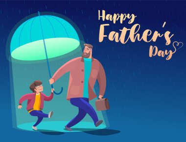 Babalar Günü şemsiyenin altında eğlenceli ve arkadaşça bir yürüyüş. Vektör hisse senedi çizimi. Kutlama kartı, Babalar Günü 'nün web pankartı..