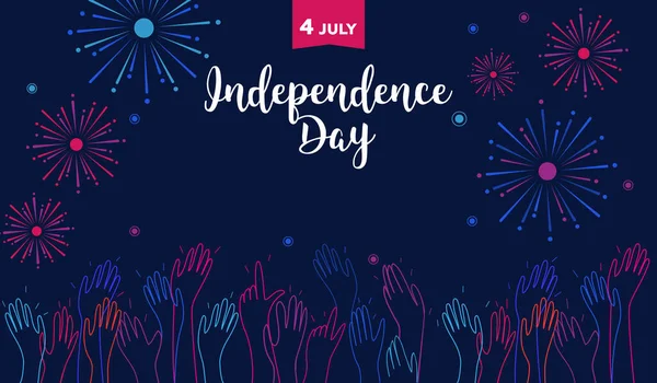 4 Temmuz vektör tebrik kartı şablonu kutlu olsun. El çizimi karalamalar, el sallamalar ve alkışlar. Amerikan Vatanseverliği Ulusal Bayram İllüstrasyon Havai fişekleri.
