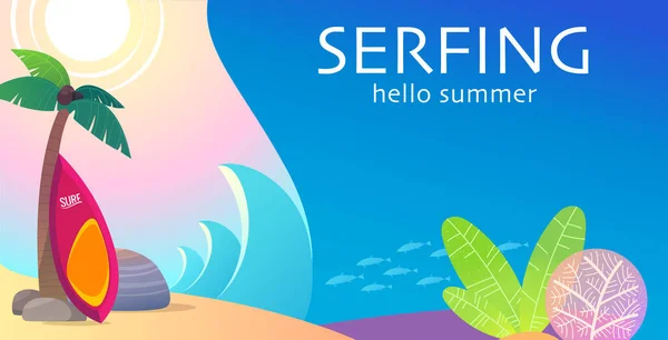 Okyanus kıyısında tatiller palmiye ağaçları, kayalar, güneş, sualtı dünyası ve dalgalarda sörf. Renkli web afişi, reklam broşürü, uzay metni kopyası. Vektör stok illüstrasyonu.