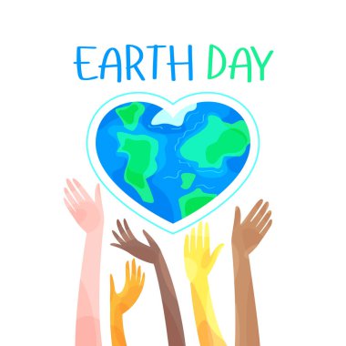 Dünya Günü. Bir kalp şeklindeki küre ve gezegeni tutan eller. Neşeli vektör stok çizimi.