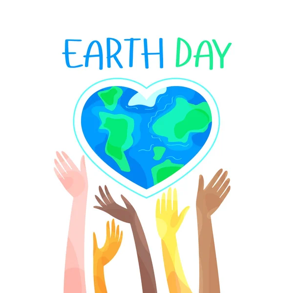Dünya Günü. Bir kalp şeklindeki küre ve gezegeni tutan eller. Neşeli vektör stok çizimi.