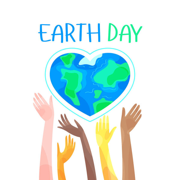 День Земли. Глобус в форме сердца и рук, которые держат планету. Весёлая векторная иллюстрация.