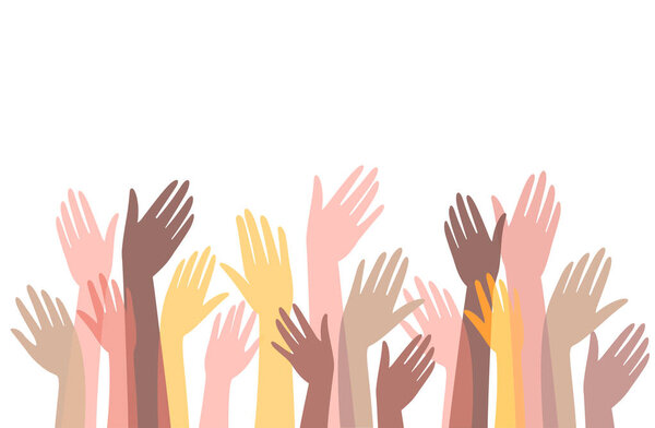 Many hands of different people in unity raise hands up. Celebration, meeting, commonwealth. Vector stock flat illustration.