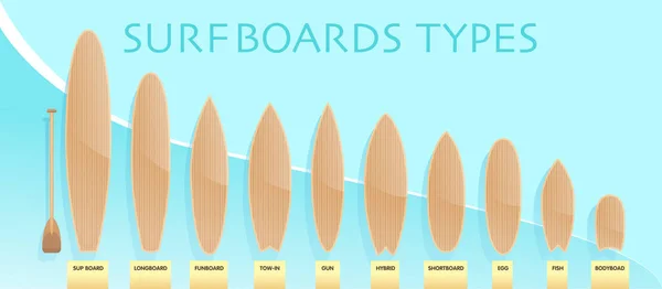 Sörf tahtası tipleri, bilgi grafikleri, isimler ve boyutlar. Vektör hisse senedi çizimi. Dükkan web sitesi bilgi pankartı, yazdırma.