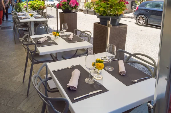 Table Terrasse Restaurant Monreale Avec Vieille Ville Arrière Plan Dans — Photo