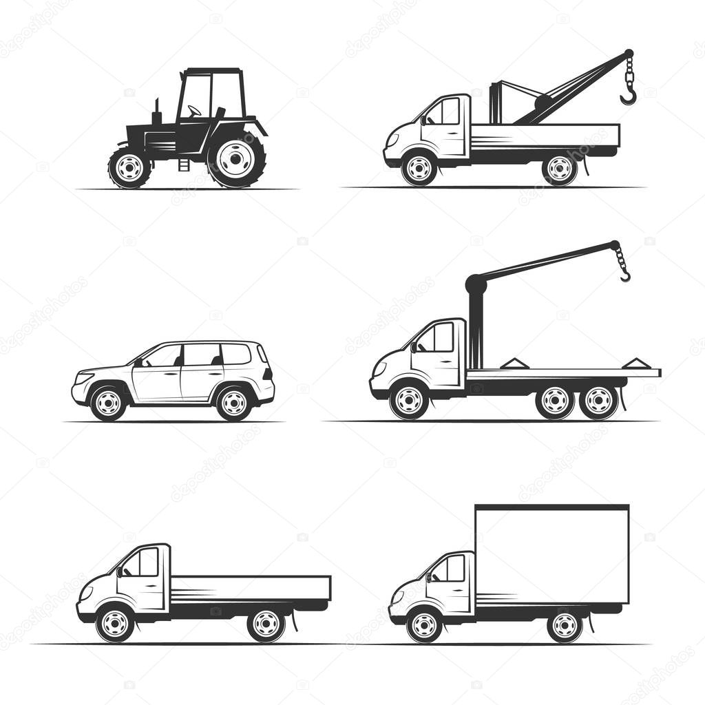 Set of various transportation and construction machinery