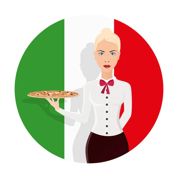 Étterem Pincér Lány Tartja Pizza Tálcán Olasz Pizzéria Elszigetelt Lapos — Stock Vector