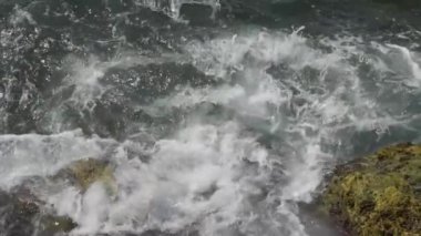 Deniz dalgaları kayalık kıyılara çarpıyor.