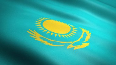 Kazakistan bayrağı. Gerçekçi dalgalanan 3D bayrak son derece detaylı kumaş dokusu çizimi.