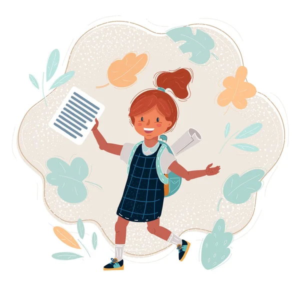 Vector illustration of smiling school girl with backpack holding shit of test.