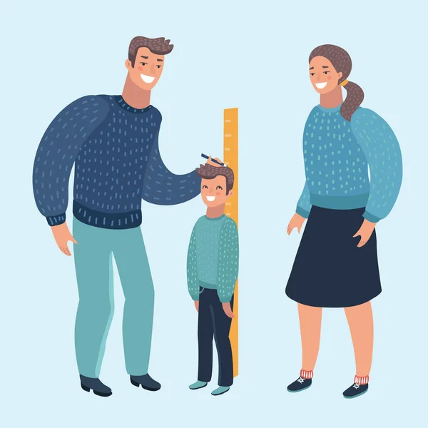Vector cartoon illustration of a Mom and Dad Measuring the Current Height of Their Son. Human modern character on isolated backgrund. — Stock Illustration Vector Cartoon Illustration Mom Dad Measuring Current Height Son Human Royalty Free Stock Illustrations