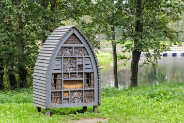  Yeşil, doğal park ortamında büyük bir böcek oteli olarak tasarlanmış yaratıcı ve dekoratif bir ahşap yapı..