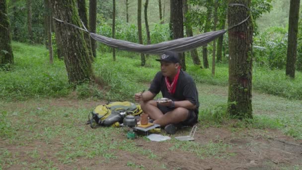 Concetto Bushcraft Cucinare Banane Grigliate Con Cioccolato Formaggio Mezzo Alla — Video Stock