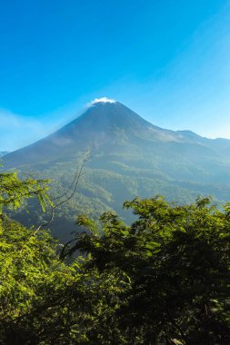 Sabah Merapi Dağı manzarası ve önü yemyeşil bir orman. Açık bir sabahta Merapi Dağı 'nın panoramik güzelliği belli bir mesafeden görülebiliyor..