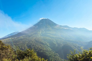 Sabah Merapi Dağı manzarası ve önü yemyeşil bir orman. Açık bir sabahta Merapi Dağı 'nın panoramik güzelliği belli bir mesafeden görülebiliyor..