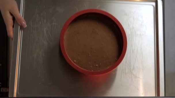 Cook zet chocolade deeg in de oven op de taart — Stockvideo