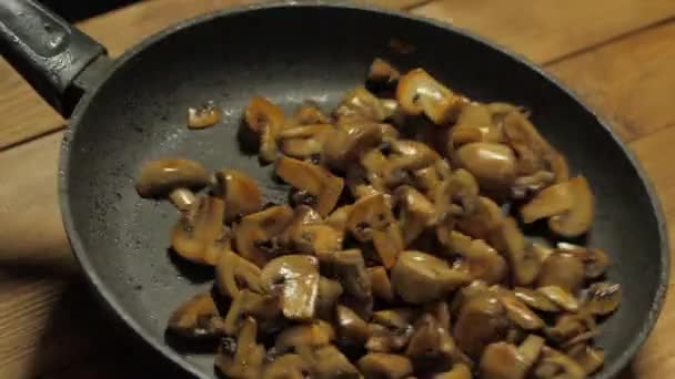 Cuisiner mélange les champignons frits dans une casserole — Video