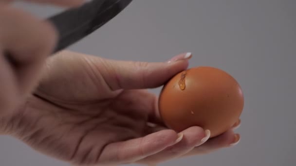 Cook girl breaks chicken egg with a kitchen knife — Stock Video