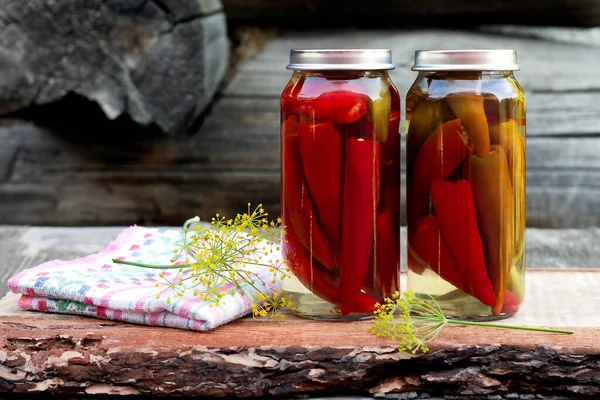 Chili Peppers Glass Jar Wooden Table Homemade Pickles — Stock Photo, Image