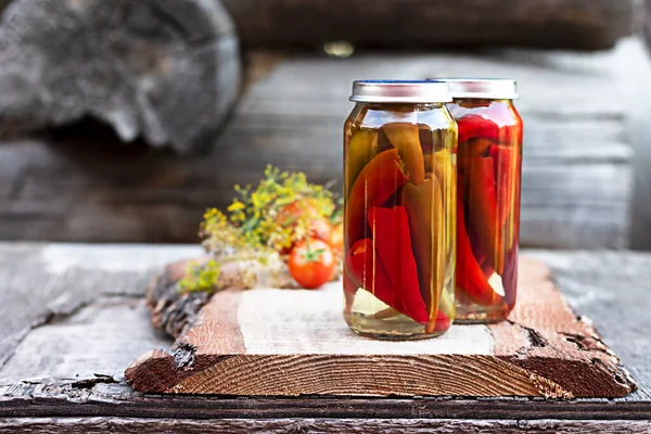 Chili Peppers Glass Jar Wooden Table Homemade Pickles — Stock Photo, Image