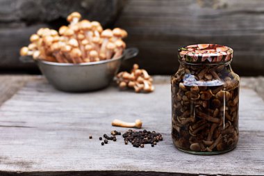 Cam kavanozdaki mantarlar, ev yapımı turşular.