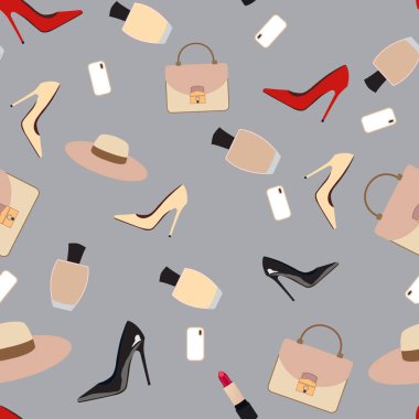 Moda model parfüm, Ayakkabı, şapka, çanta ile sorunsuz. Vektör hisse senedi.