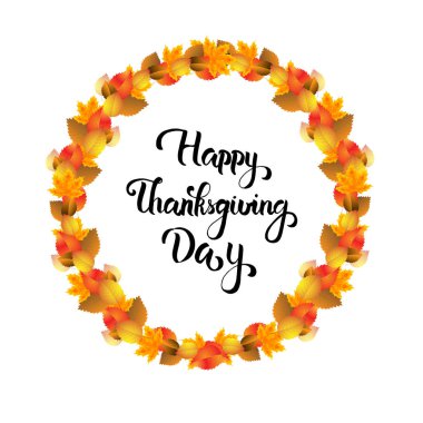 Mutlu Şükran Günü tebrik kartları, el yazısı ve sonbahar yaprakları..
