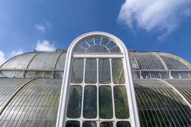 Londra, İngiltere - Nisan 2018: Palm House, Bahçe Kew, İngiltere'de bulunan dünya, tropikal bölgelerinden tropikal bitki yaşam eşsiz koleksiyon sergisi için bir yağmur ormanı iklim yeniden oluşturur bir ikonik Victoria glasshouse