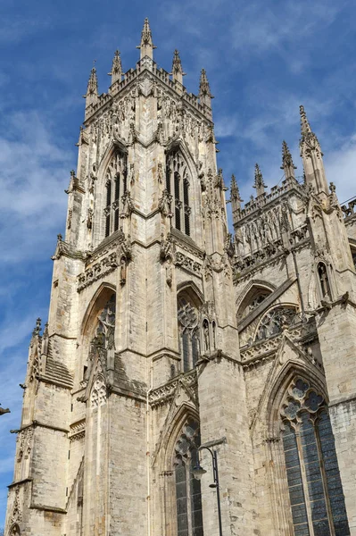 Elaborate tracery on exterior building of York Minster, the historic cathedral built in English gothic architectural style located in City of York, England, UK