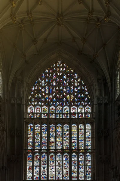 stock image York, England - April 2018: The Great East Window, largest expanse of medieval stained glass in United Kingdom at the East End of York Minster, historic cathedral built in English gothic style and tourist landmark of the City of York, UK