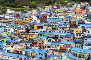 Gamcheon Kültür Köyü Manzara manzara, Saha District kıyı dağının yamacında parlak boyalı evler ile renkli ve sanatsal turistik, Busan, Güney Kore