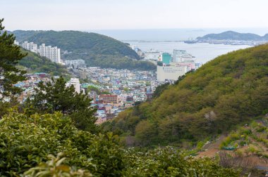 Gamcheon Kültür Köyü Manzara manzara, Saha District kıyı dağının yamacında parlak boyalı evler ile renkli ve sanatsal turistik, Busan, Güney Kore