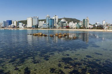 Busan, Güney Kore - Nisan 2019: Busan'ın popüler turistik yerlerinden Gwangalli Plajı'nda Busan'ın kıyı bölgesinin şehir manzarası, Güney Kore