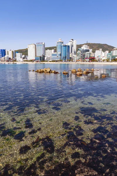 Busan, Coréia do Sul - abril 2019: Vista da paisagem urbana da área costeira de Busan em Gwangalli Beach, um destino turístico popular em Busan, Coréia do Sul — Fotografia de Stock