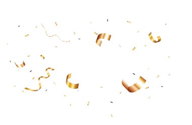 Kutlamalar, altın ve gümüş konfeti şeritleri ve beyaz arka planda izole edilmiş kurdele afişi.