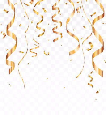 Kutlamalar, altın ve gümüş konfeti şeritleri ve beyaz arka planda izole edilmiş kurdele afişi.