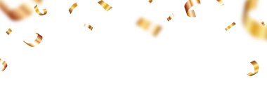 Beyaz arka planda izole edilmiş altın konfeti flamaları ve kurdele afişi.
