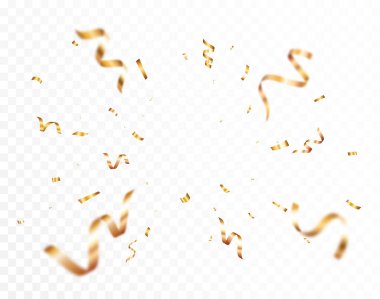 Beyaz arka planda izole edilmiş altın konfeti flamaları ve kurdele afişi.