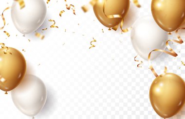 Altın konfetiler ve kurdele balonları, kutlama afişleri ve arka planlar