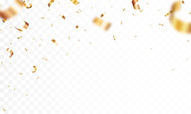 Kutlamalar, altın ve gümüş konfeti şeritleri ve beyaz arka planda izole edilmiş kurdele afişi.