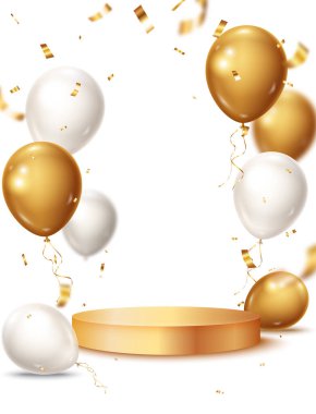 Altın konfetiler ve kurdele balonları, kutlama afişleri ve arka planlar