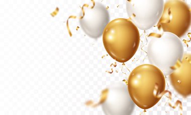 Kutlamalar ve parti afişi altın konfeti ve balonlarla