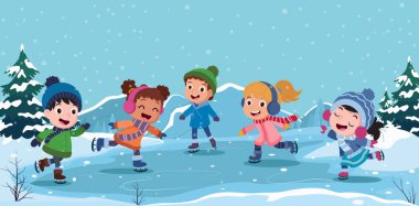 Kış sahnesinde buz pateni oynayan komik bir grup çocuk.