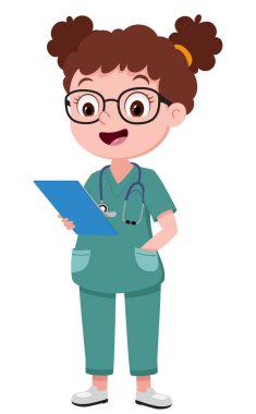 Beyaz arka planda duran şirin hemşire çizgi filmi.