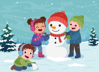 Çizgi film çocukları kış sahnesinde dışarıda oynuyorlar.