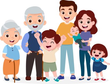 Çizgi film Mutlu Aile. Baba, anne, büyükanne, büyükbaba ve çocuklar.