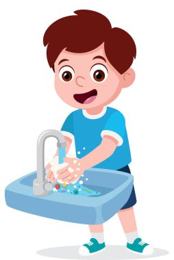 Küçük şirin çocuk lavaboda sabunla elini yıkıyor.