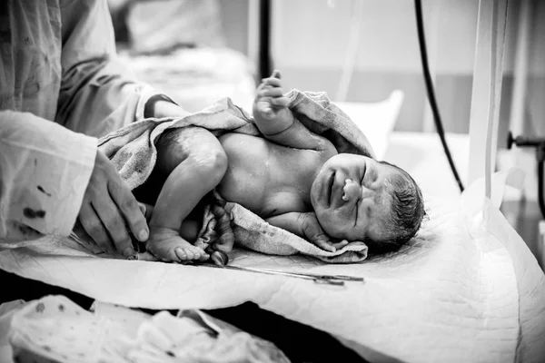 Obstetra Coloca Recién Nacido Con Cordón Umbilical Sujeto Cambiador Quirófano —  Fotos de Stock