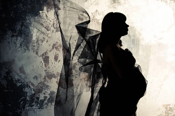 Silhouette Young Pregnant Girl Light Flying Dress — Stock Photo, Image