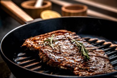 İştah açıcı sığır eti biftek dal biberiye bir ızgara ile pan.